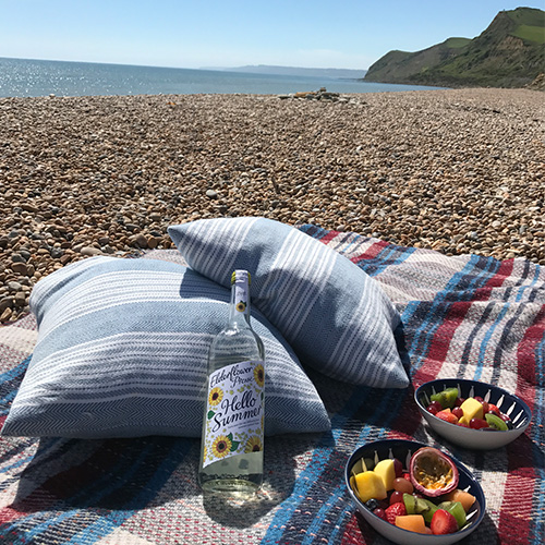 A picnic blanket, pillows, fruit salad and a clear bottle, on a stony beach looking at the sea and a cliff