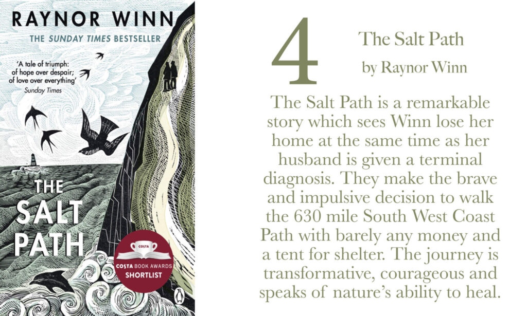 Image of book front cover with text about the book 'The Salt Path' by Raynor Winn